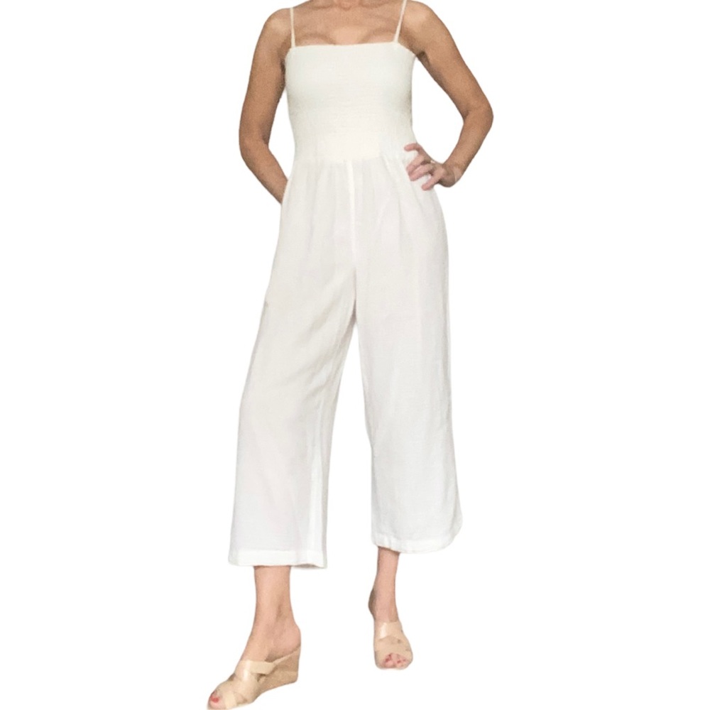 White Spaghetti Strap Rouched Cropped Jumpsuit